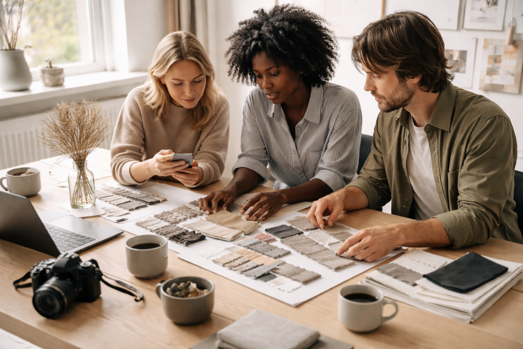 [light] Om os-team: et lille, moderne workspace hvor 2–3 personer arbejder med moodboards og laptop ved et bord. Candid stemning, uden poserede smil—viser kultur og kuratering.