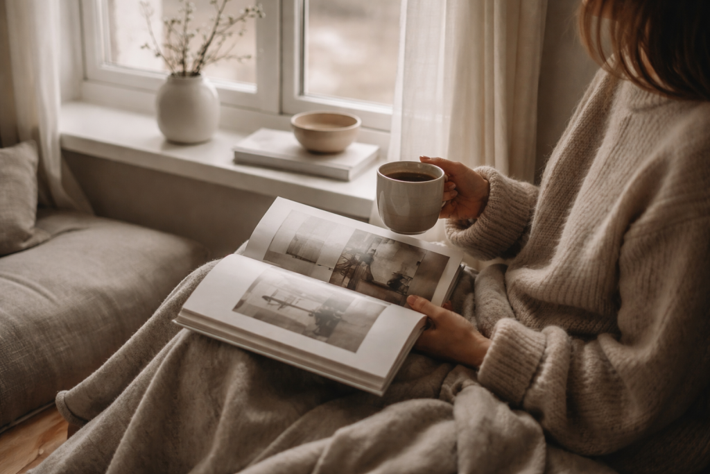 [light] Atmosfære/livsstil: et roligt “hjemme-øjeblik” med kaffe, bog og blødt lys i en nordisk stue. Skaber følelse af hygge og inspiration uden at være cliché.