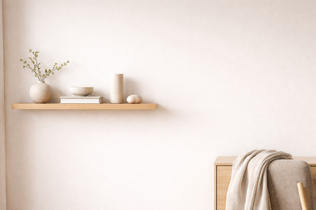 [light] Standard blogheader: et roligt, bredt interiørbillede med plads til titel (negativ plads) — fx en lys væg, hylde og et enkelt møbel. Kan bruges på tværs af artikler.