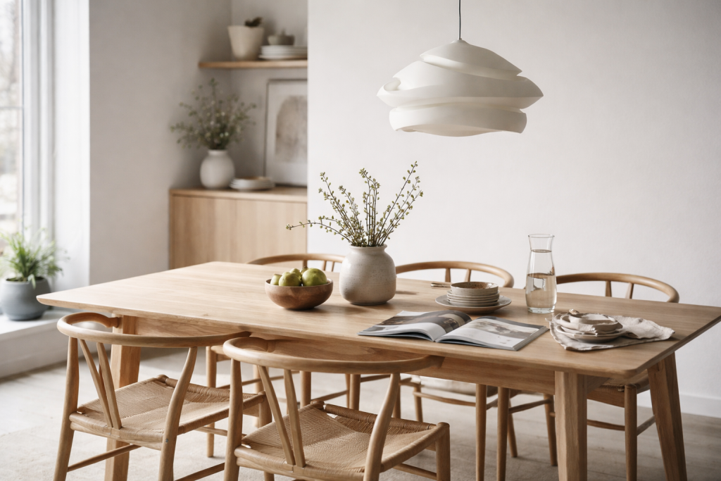 [light] Sekundær hero til indersider: et roligt spiseområde med træbord og pendel, set fra en anden vinkel og med mere dybde. God som banner på kategorier og guides.