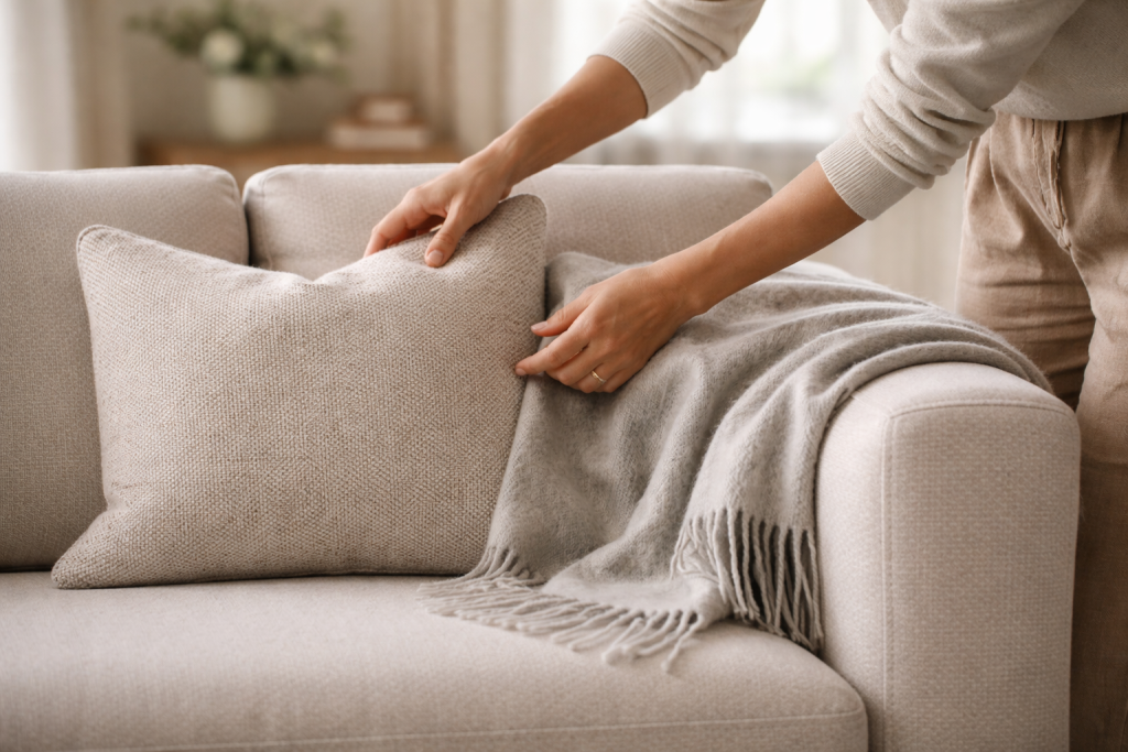 [light] Servicebillede: “Guides & stylingtips” — en hånd der arrangerer puder/plaider i sofaen eller justerer en vase. Viser hands-on styling og rådgivning i praksis.