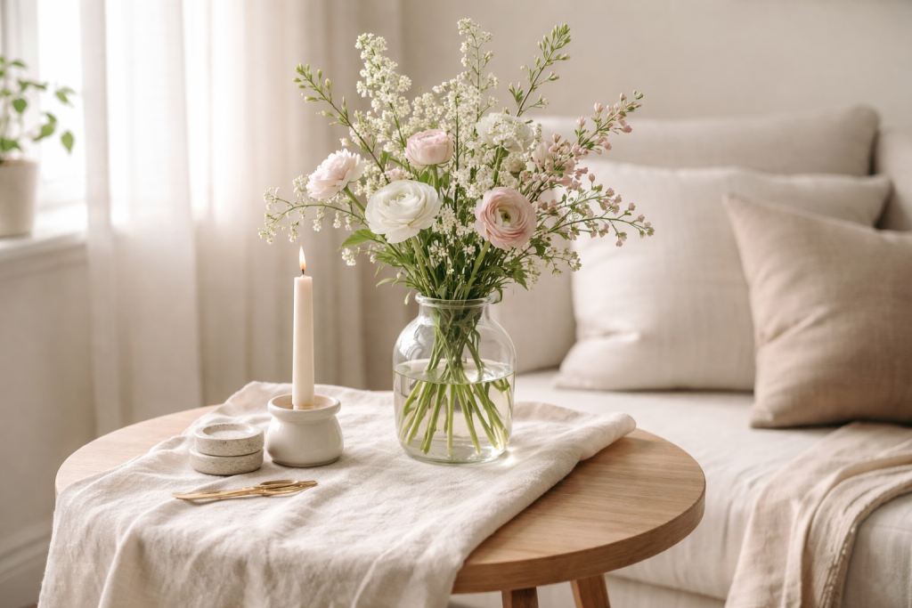 [light] Servicebillede: “Trends & sæsoninspiration” — et lille vignette-setup med sæsondetaljer (fx forår: lyse blomster og glas; efterår: varme tekstiler) i en nordisk ramme. Bruges til servicekort og sektioner.