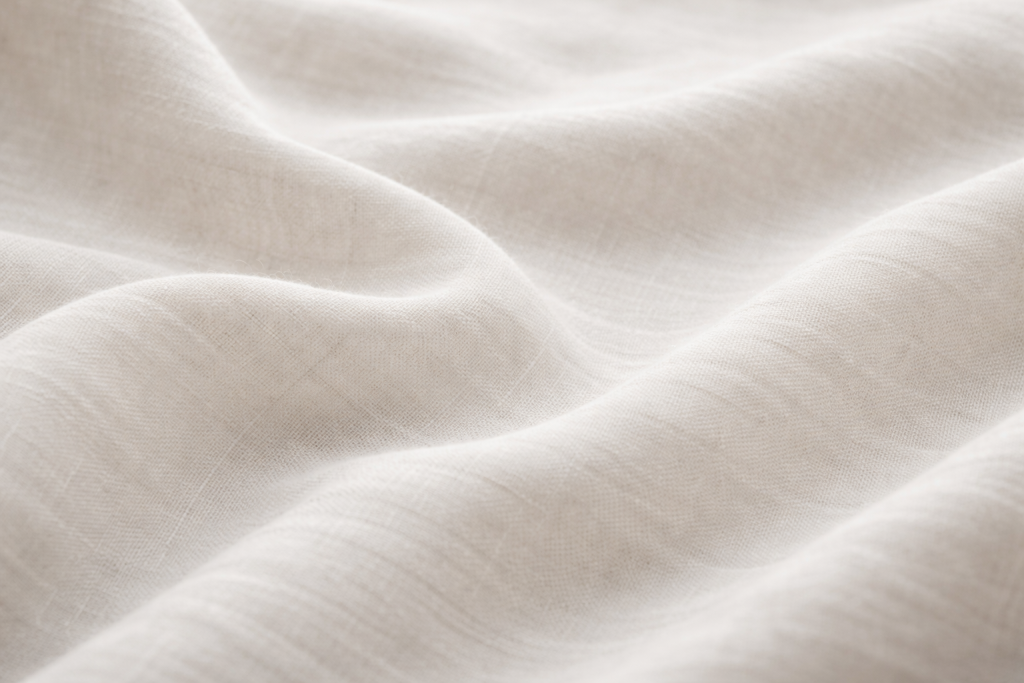 [light] Baggrund til testimonials: diskret, taktilt billede af tekstil (lin/uld) med bløde folder og lav kontrast. Skal kunne ligge bag citatbokse uden at stjæle fokus.