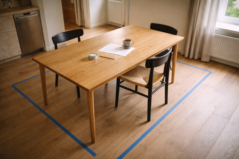 Hvor stort skal dit spisebord være? En måleguide til 4, 6 og 8 personer (uden at stuen låser sig)