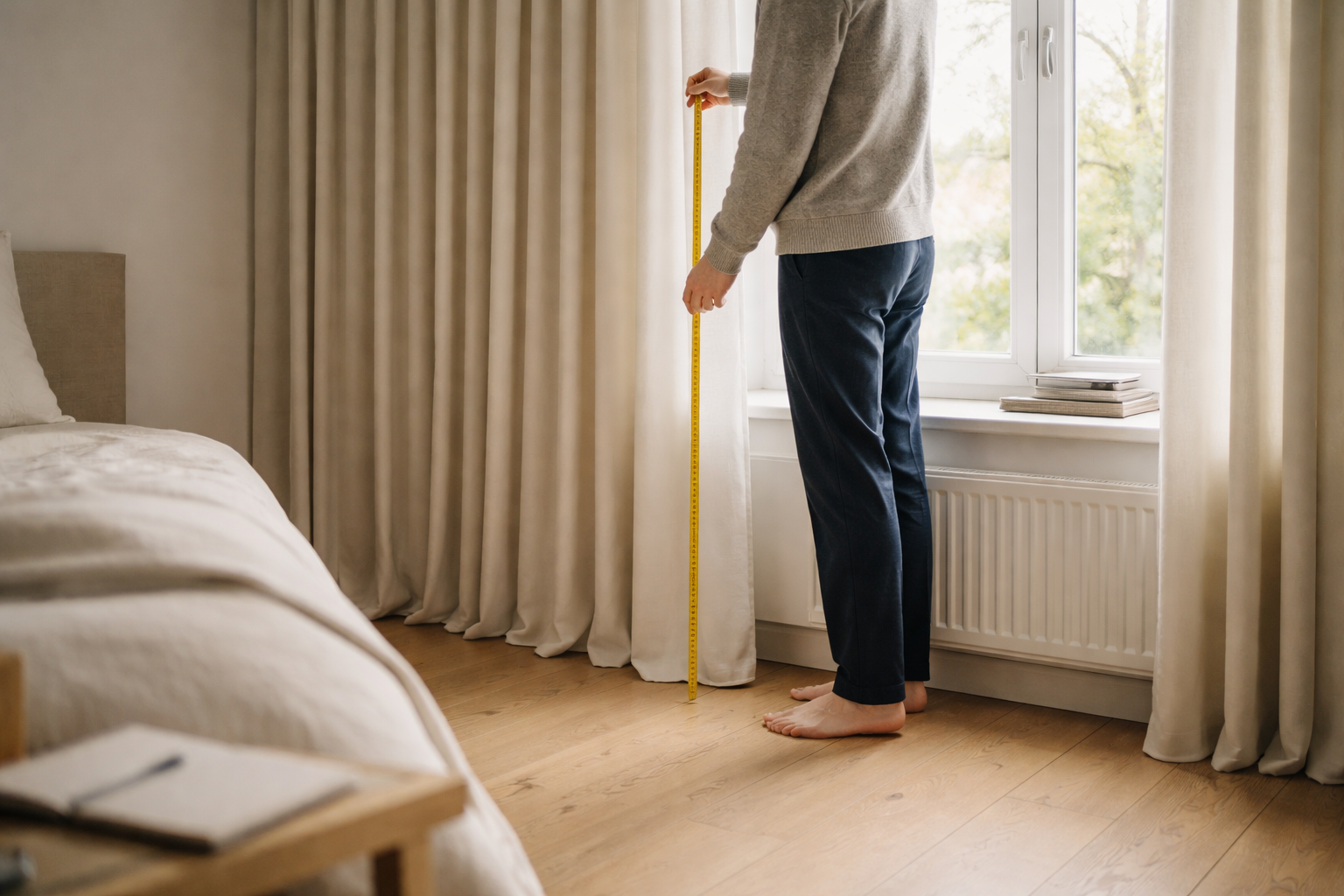 Mål gardiner én gang og ram rigtigt: min praktiske opmålingsguide til skinne, stang og den rette fylde