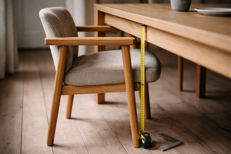 Stop med at gætte: sådan rammer du sædehøjden på spisebordsstolen (og undgår armlæns-fælden)