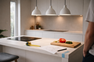 Hvordan jeg lærte at hænge køkkenø-lamper uden blænding og gætterier