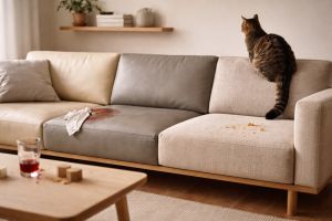 Vælg sofaoverflade med hjernen, ikke håbet - børn, hund, kat og spildt saftevand
