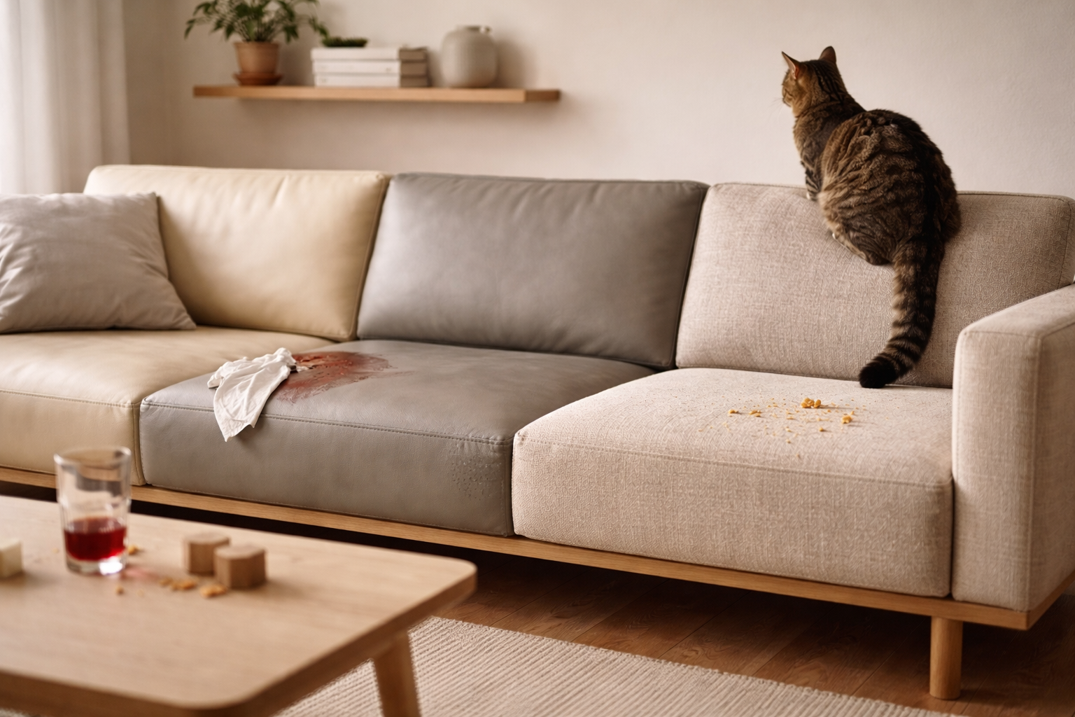 Vælg sofaoverflade med hjernen, ikke håbet – børn, hund, kat og spildt saftevand